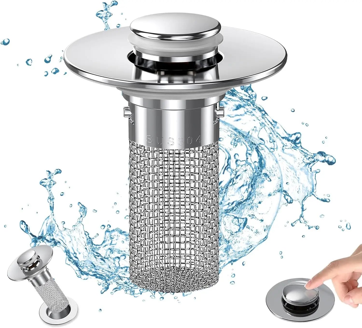 Metallic sink drain trap with water splashes on a white background
