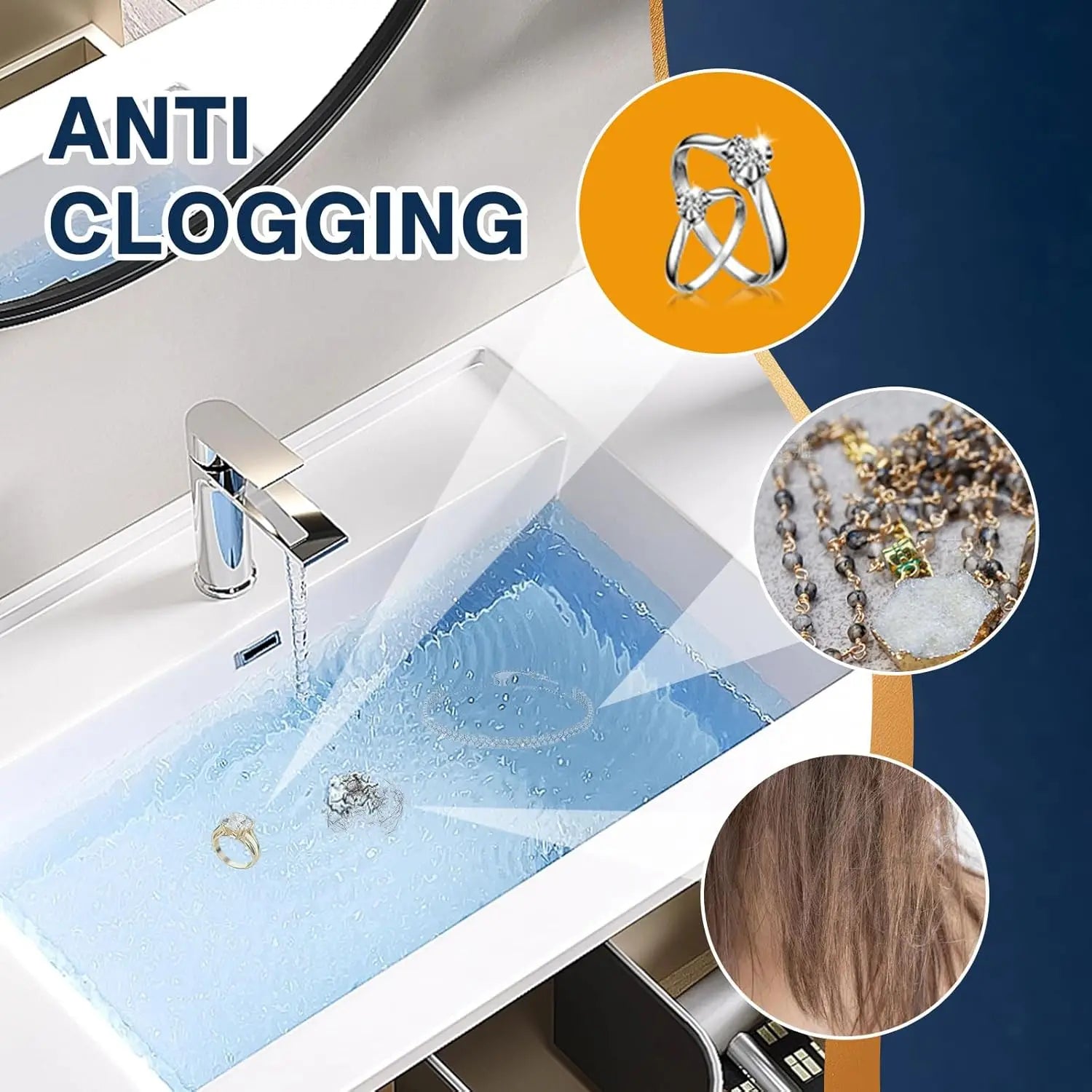 Bathroom sink with water flowing, featuring 'Anti Clogging' text and images of a ring and hair.
