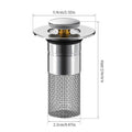 Stainless steel sink drain with mesh filter and dimensions on a white background