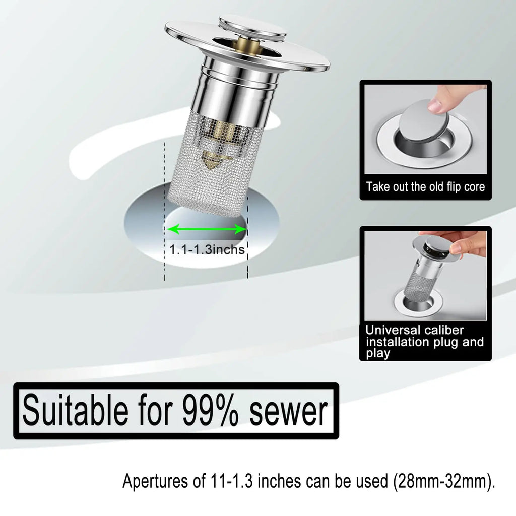 Sink drain assembly with installation instructions on a light gray background