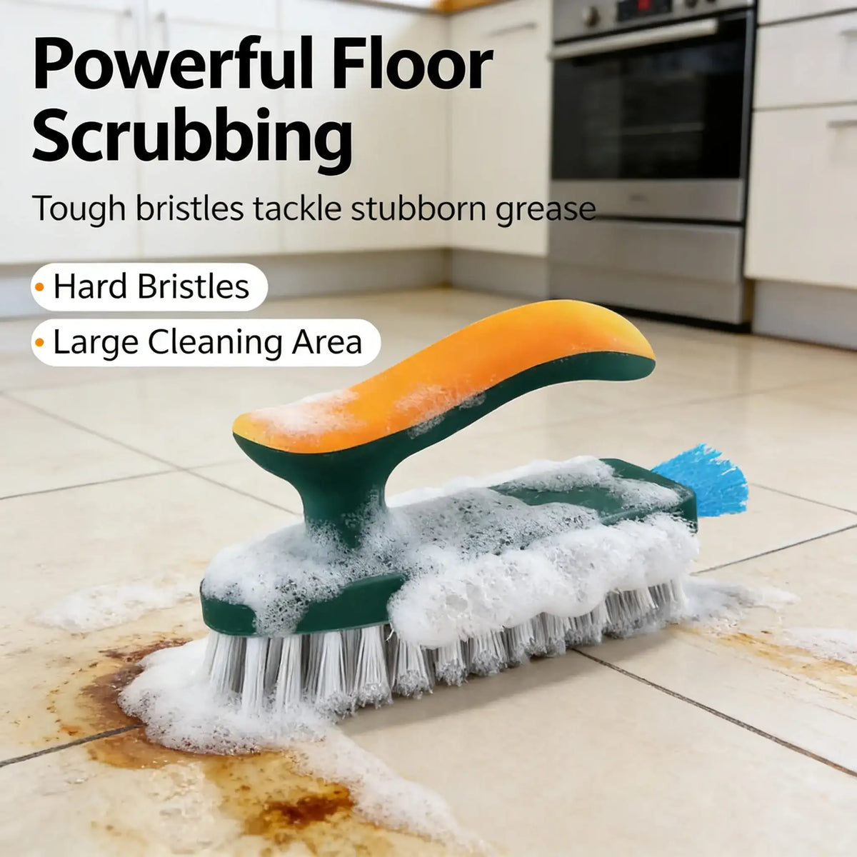 Cleaning brush with hard bristles scrubbing a stained floor in a kitchen.