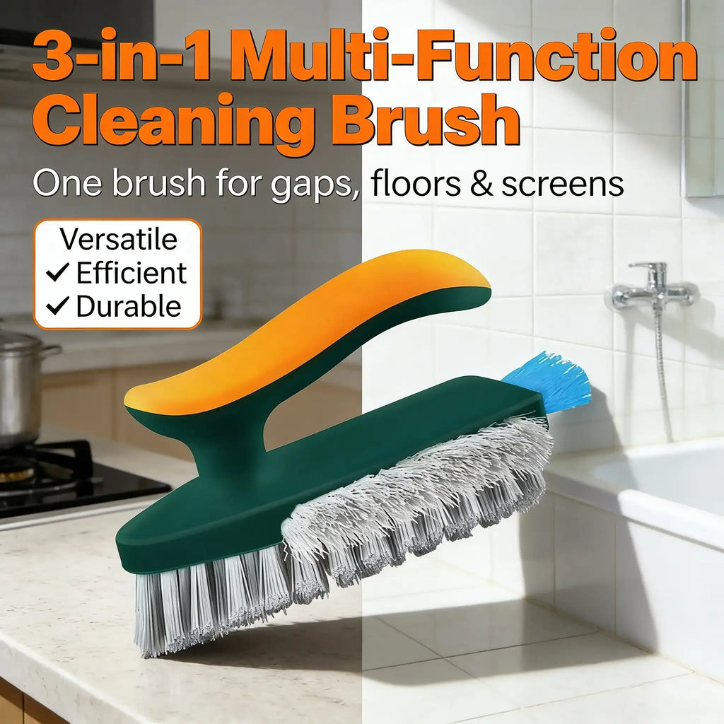 3-in-1 multi-function cleaning brush with text highlighting its versatility, efficiency, and durability in a kitchen and bathroom setting.
