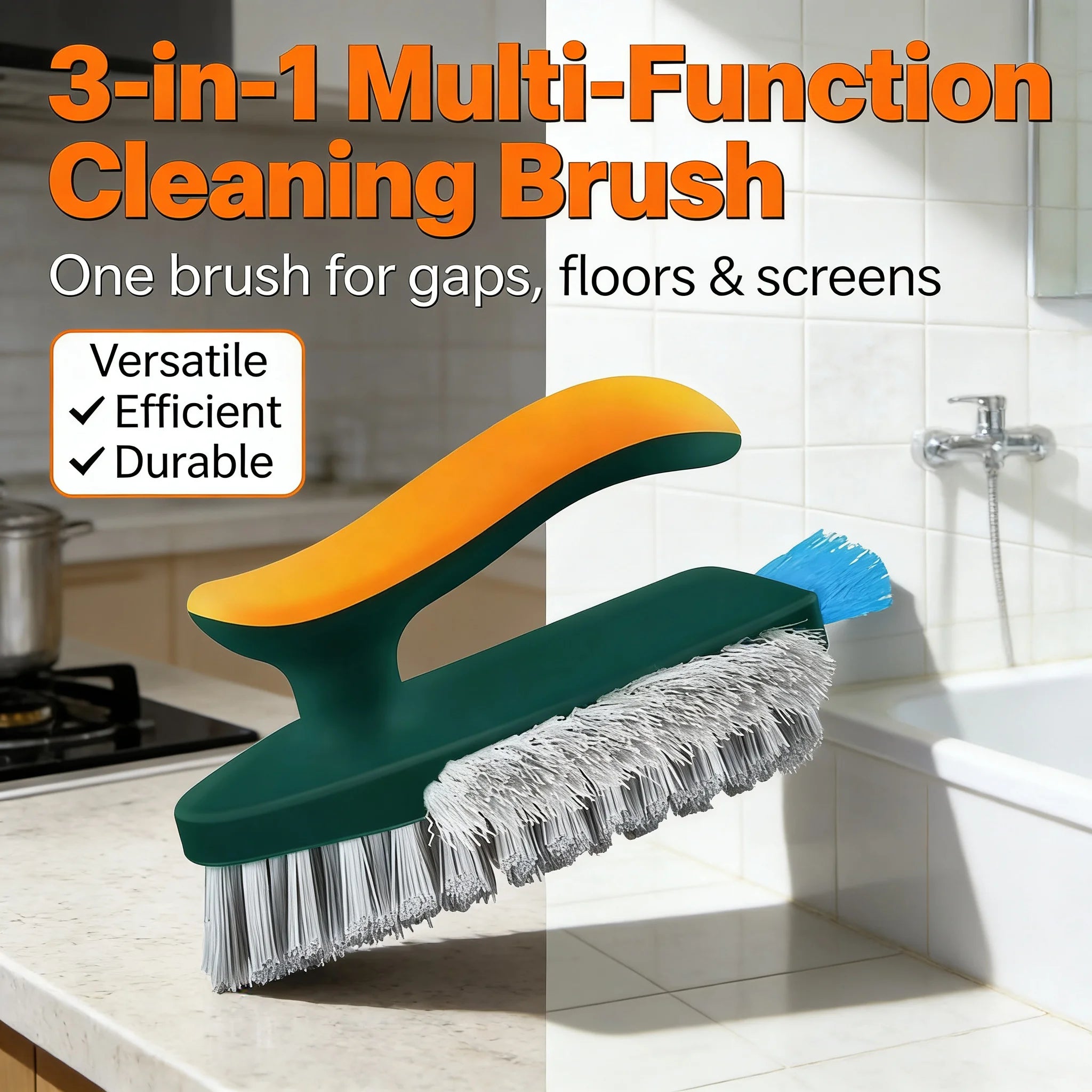 3-in-1 multi-function cleaning brush with text highlighting its versatility, efficiency, and durability in a kitchen and bathroom setting.