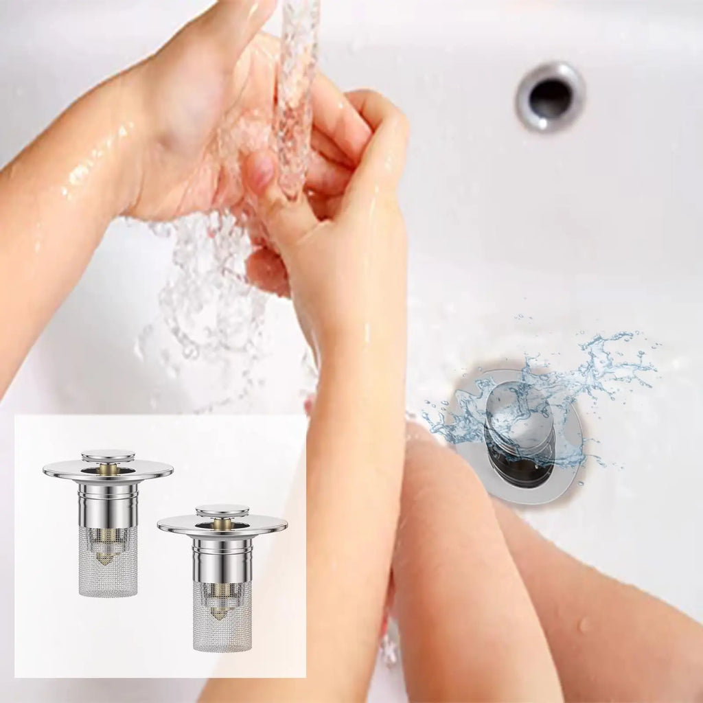 Person washing hands with water, inset showing a drain cover with mesh design.