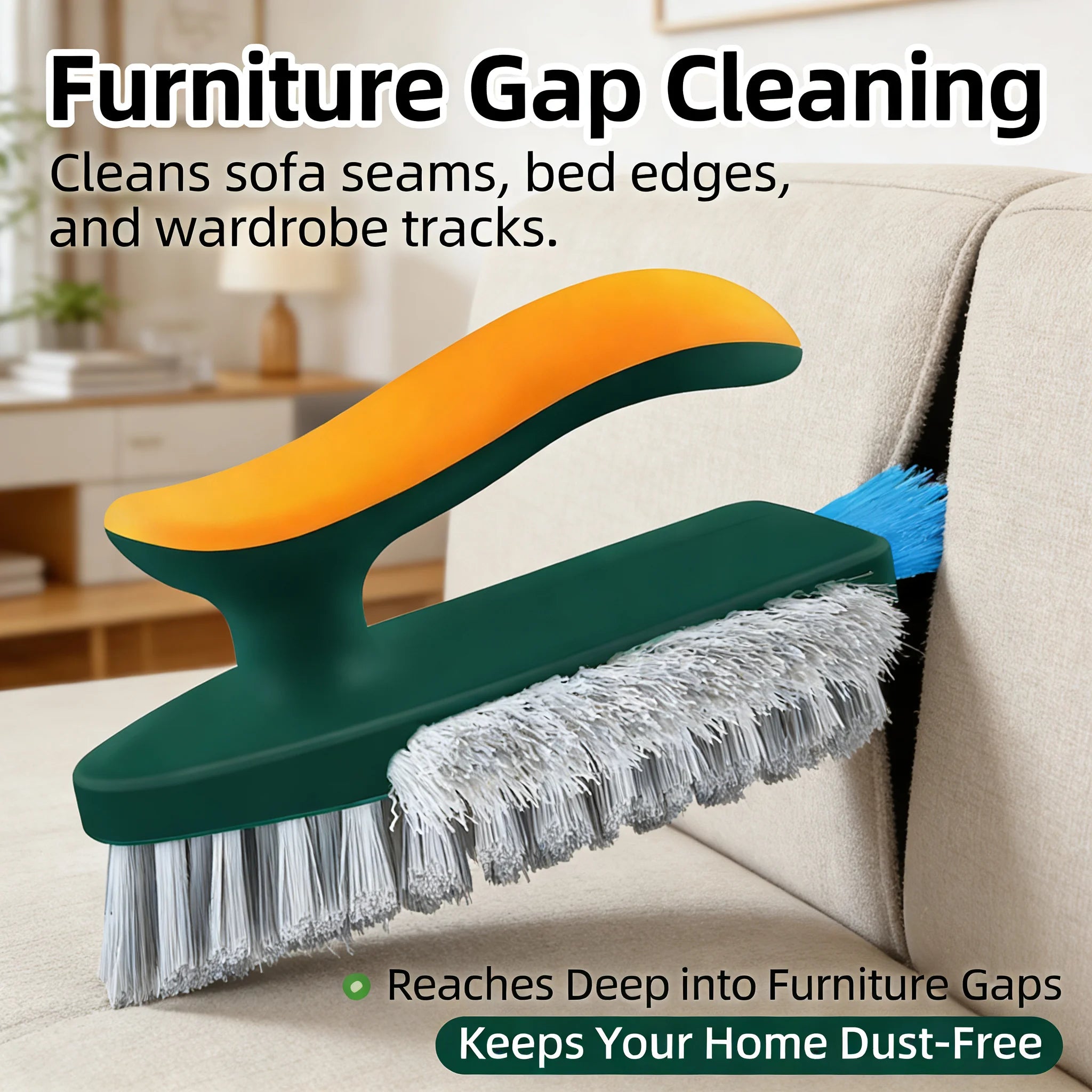 Cleaning brush with green and orange handle cleaning furniture gaps on a sofa.