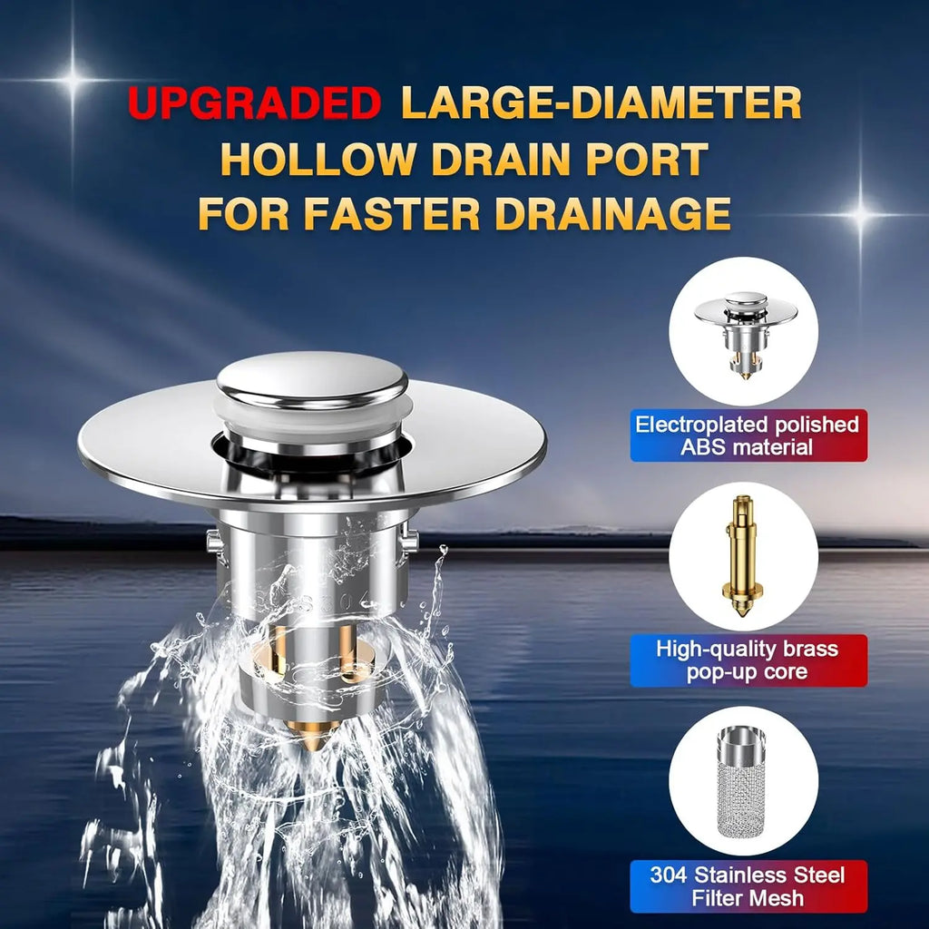 Chrome drain with water flowing, featuring upgraded large-diameter hollow drain port on a blue gradient background.