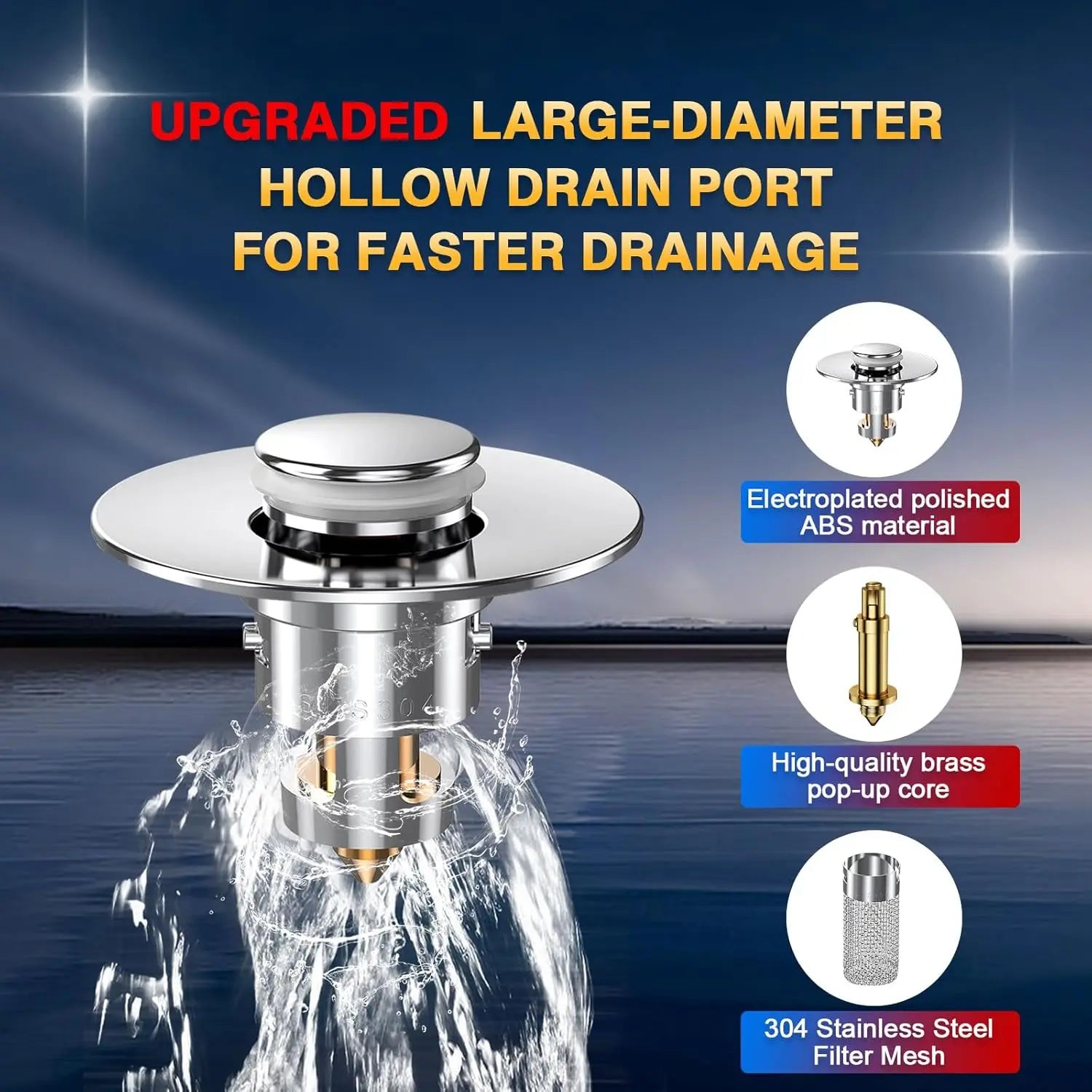 Chrome drain with water flowing, featuring upgraded large-diameter hollow drain port on a blue gradient background.