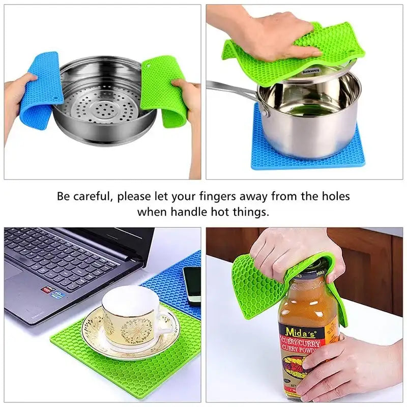 Silicone mats being used to handle hot pots, a laptop, a cup, and a bottle.