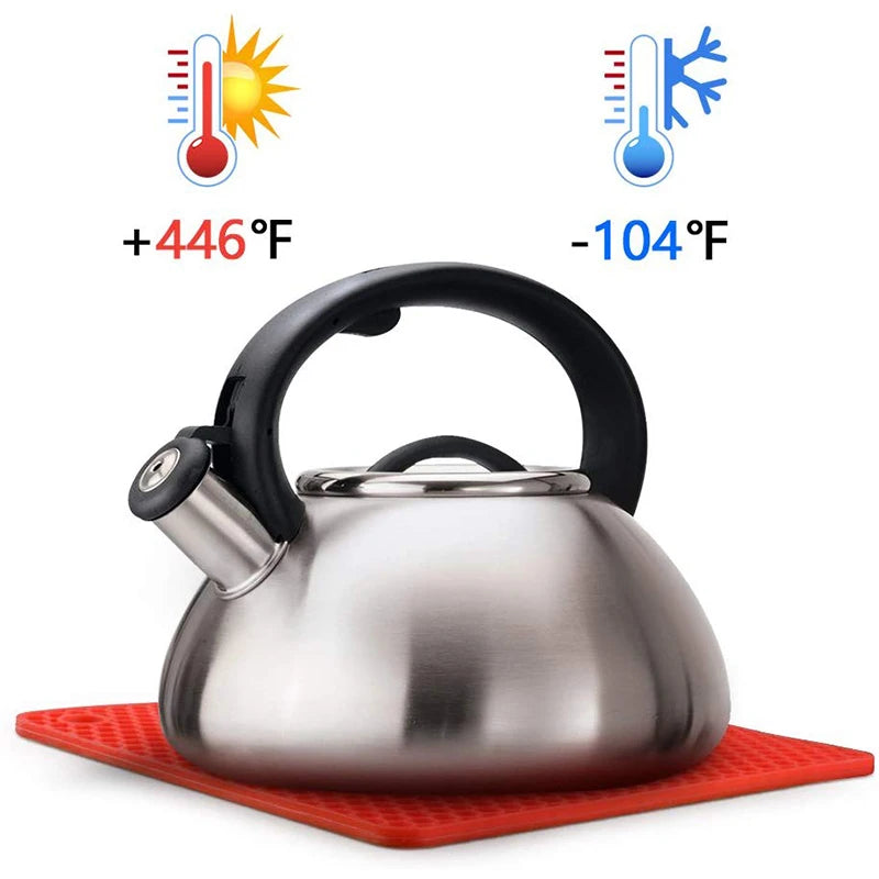Stainless steel kettle with black handle on a red mat, temperature indicators shown above.