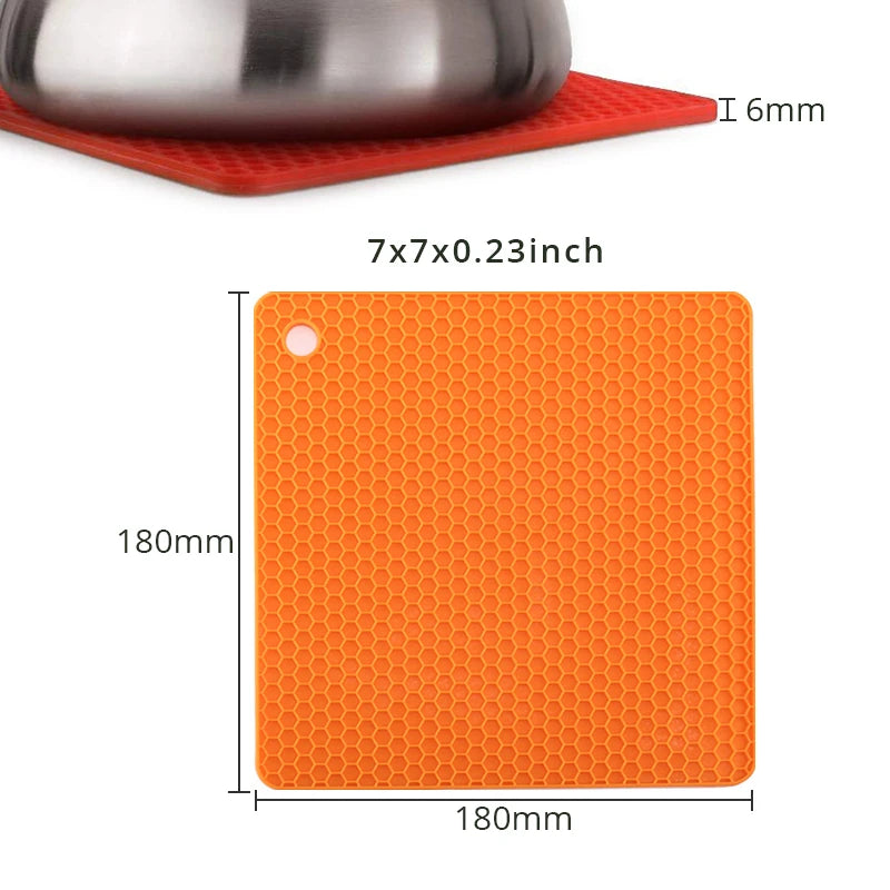 Orange silicone mat with dimensions on a white background
