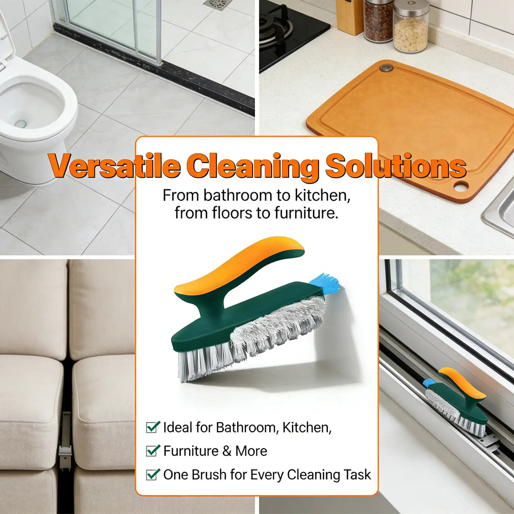 Cleaning brush with text overlay on a collage of cleaning scenarios including bathroom, kitchen, and windows.
