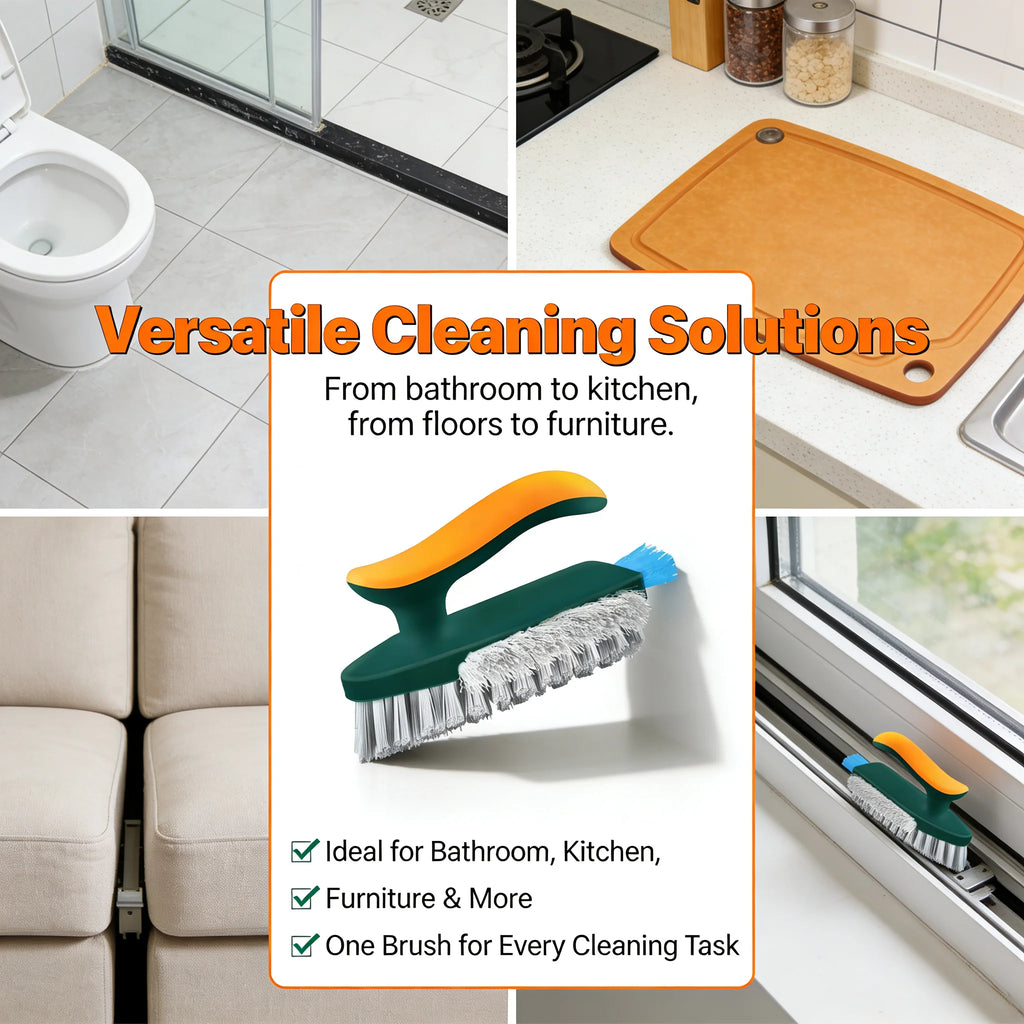 Cleaning brush with text overlay on a collage of cleaning scenarios including bathroom, kitchen, and windows.