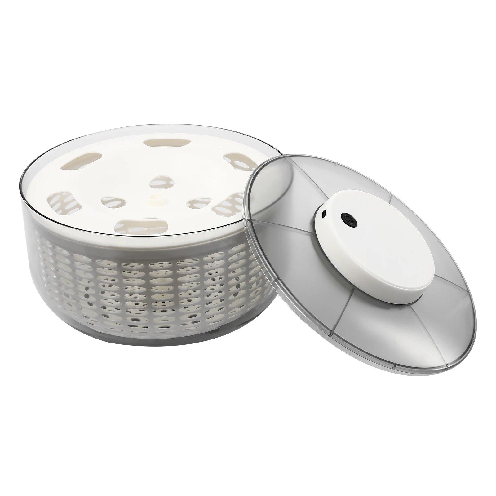A white and clear plastic salad spinner basket with its matching lid leaning against it, shown on a plain white background.