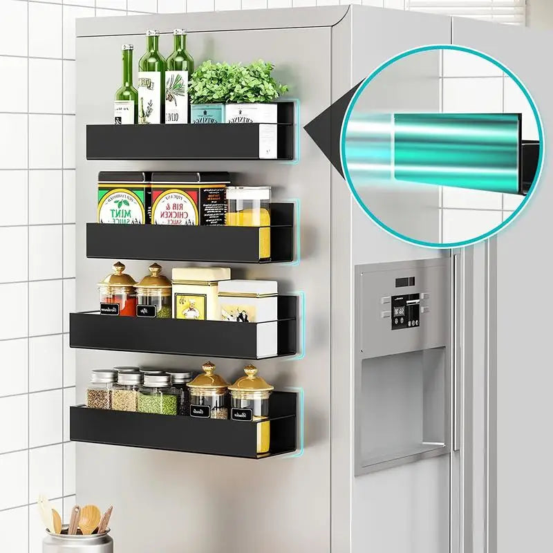 Wall-mounted black shelf with various items against a tiled wall.