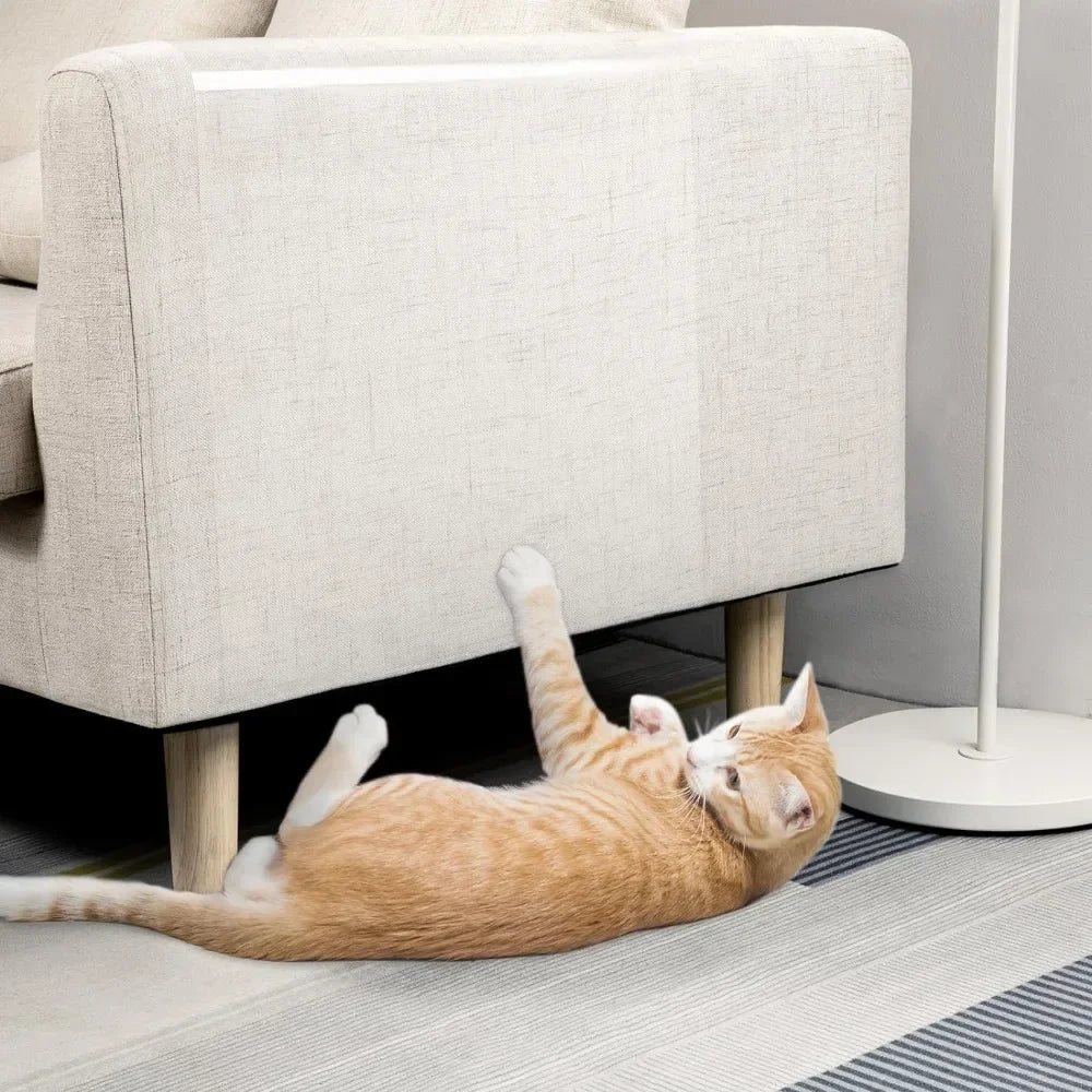 Cat lying on the floor in front of a beige sofa