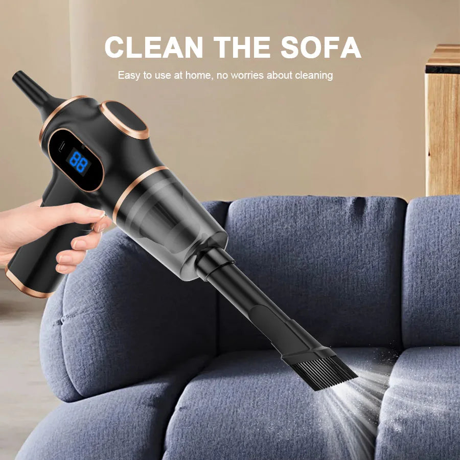 Handheld vacuum cleaner cleaning a sofa with text 'Clean the Sofa' and 'Easy to use at home, no worries about cleaning'.