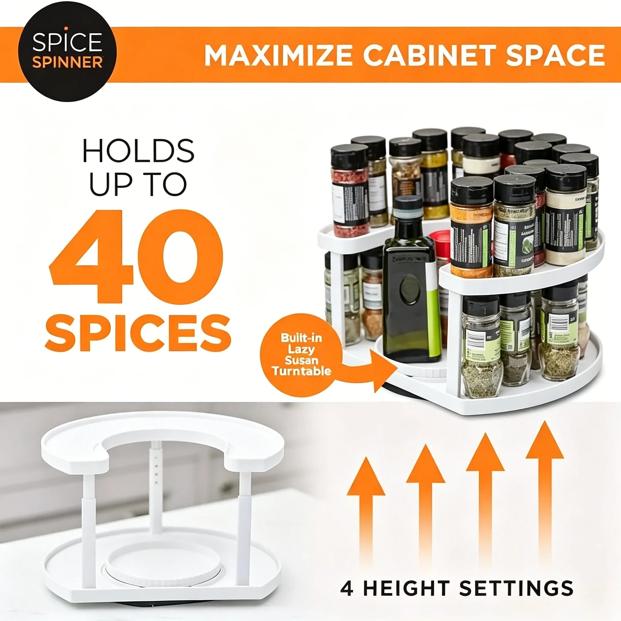 2-Tier 360° Rotating Spice Rack Organizer – Adjustable Height Lazy Susan for Cabinet or Counter
