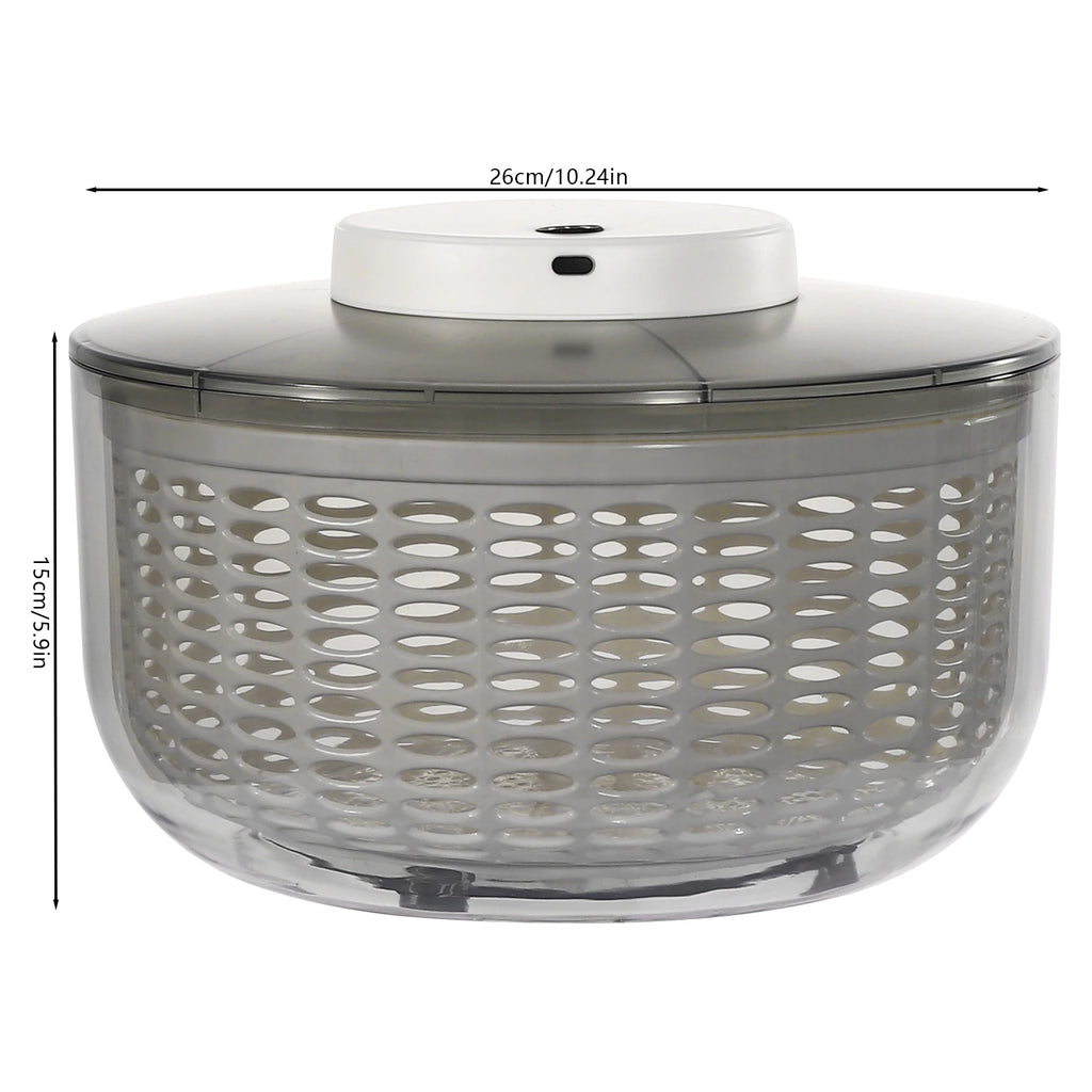 A salad spinner with a clear plastic basket, a dark gray lid, and a white central motor base, shown with dimension lines indicating a height of 15cm/5.9in and a diameter of 26cm/10.