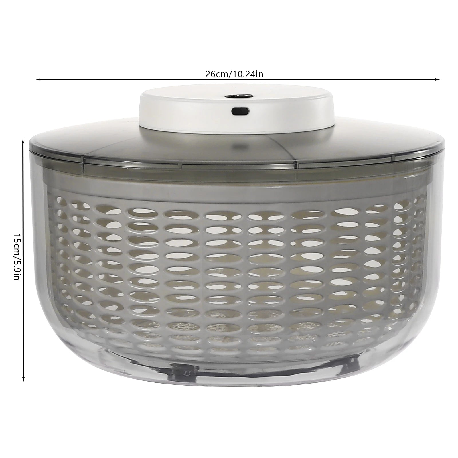 A salad spinner with a clear plastic basket, a dark gray lid, and a white central motor base, shown with dimension lines indicating a height of 15cm/5.9in and a diameter of 26cm/10.