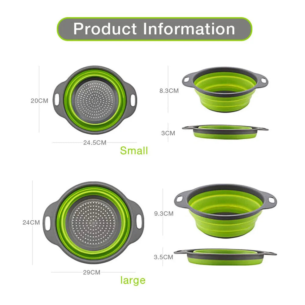 Collapsible green and gray strainer with size measurements on a white background