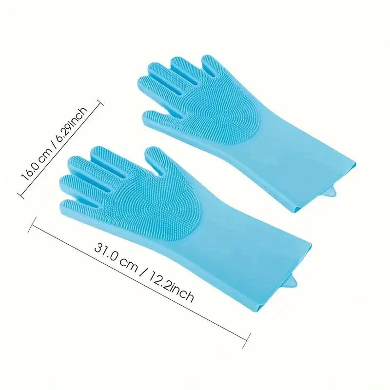 Pair of blue gloves with textured surface on a white background, showing measurements.