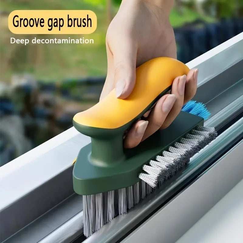 Hand using a groove gap brush to clean a window frame with text 'Groove gap brush Deep decontamination'.