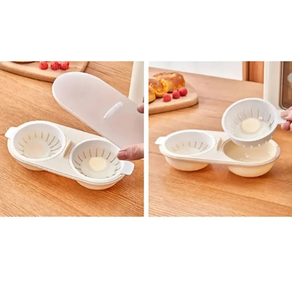 White kitchen tool with two compartments on a wooden surface