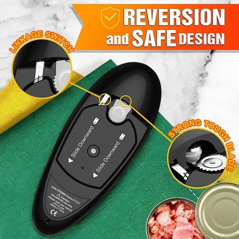 A black automatic can opener with a textured grip, displayed on a green textured mat with an orange and white promotional banner at the top and two circular callout diagrams explaining its linkage switch and strong touch plate design.