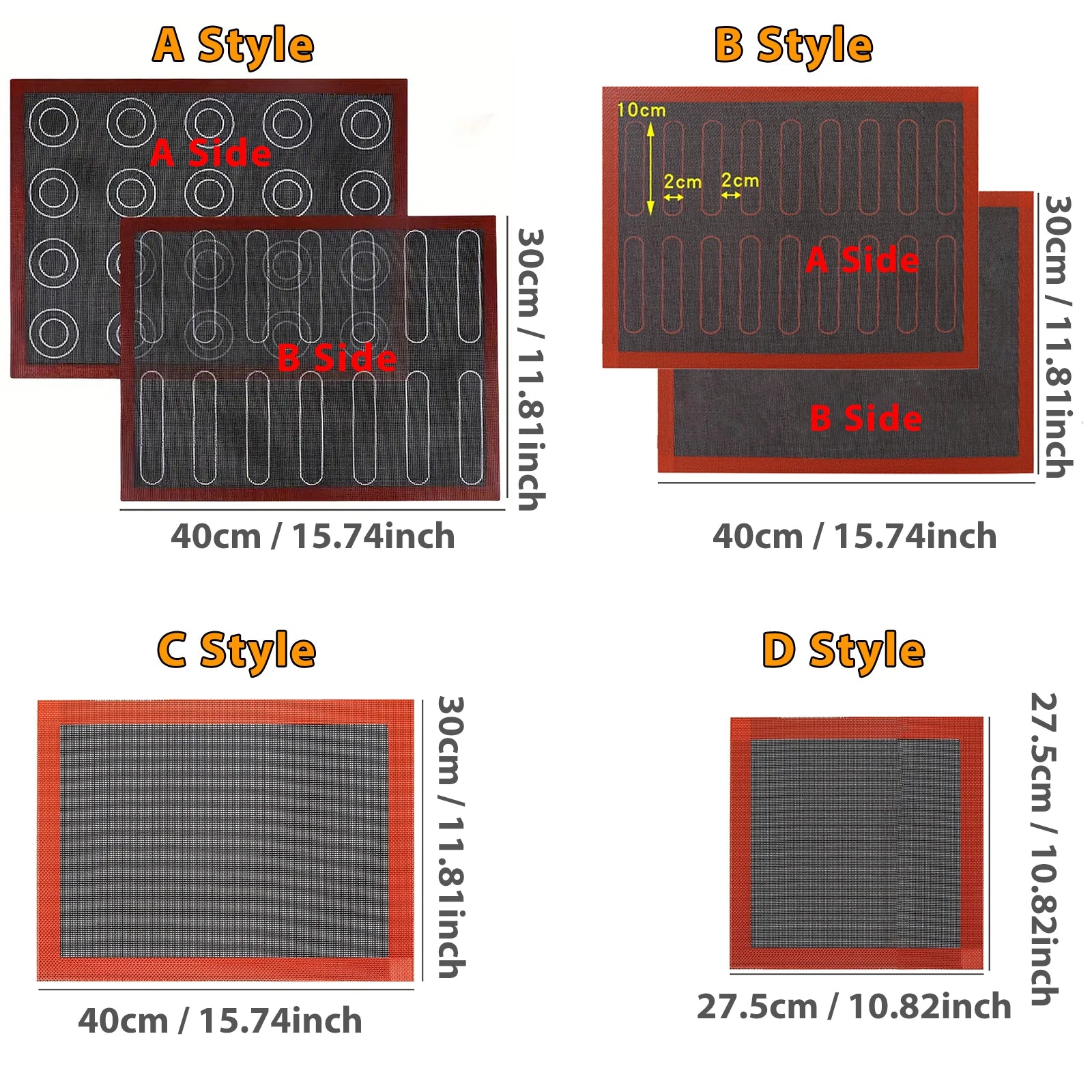 Comparison chart of different styles of mats with dimensions labeled.