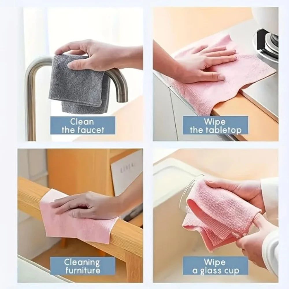 Four scenarios showing hands using microfiber cloths to clean various surfaces.