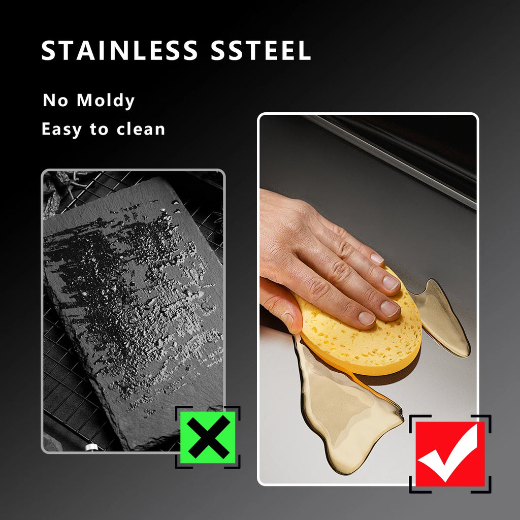Stainless steel surface with a hand cleaning it using a sponge, highlighting its cleanliness and durability.