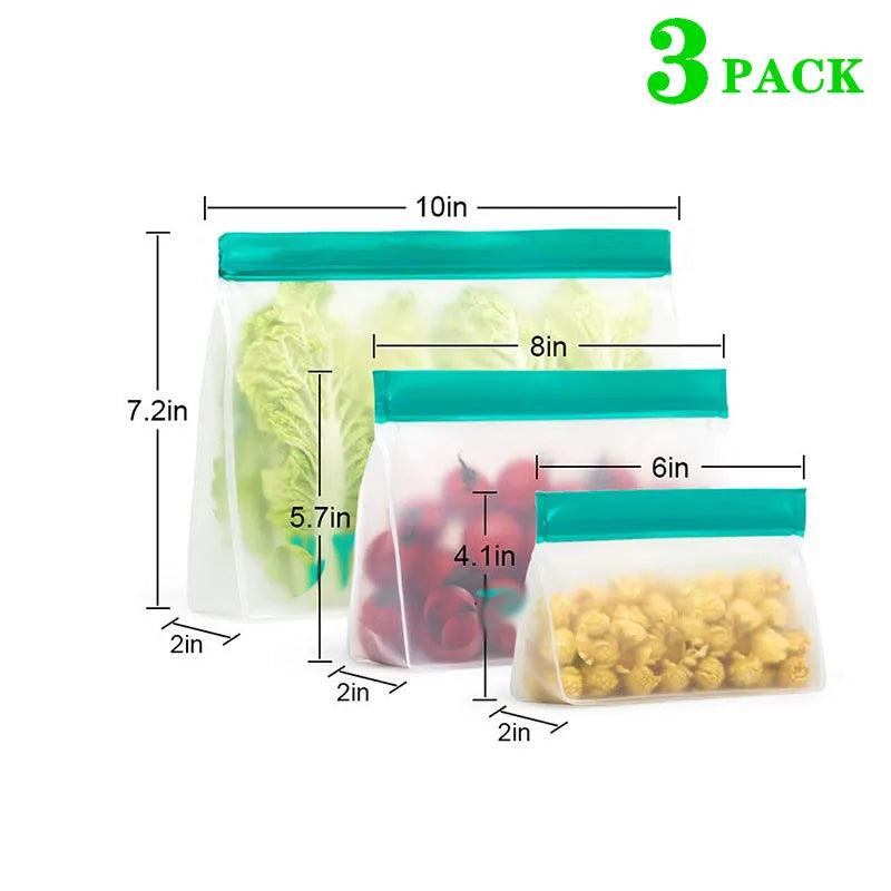 Three reusable mesh produce bags with measurements and contents on a white background
