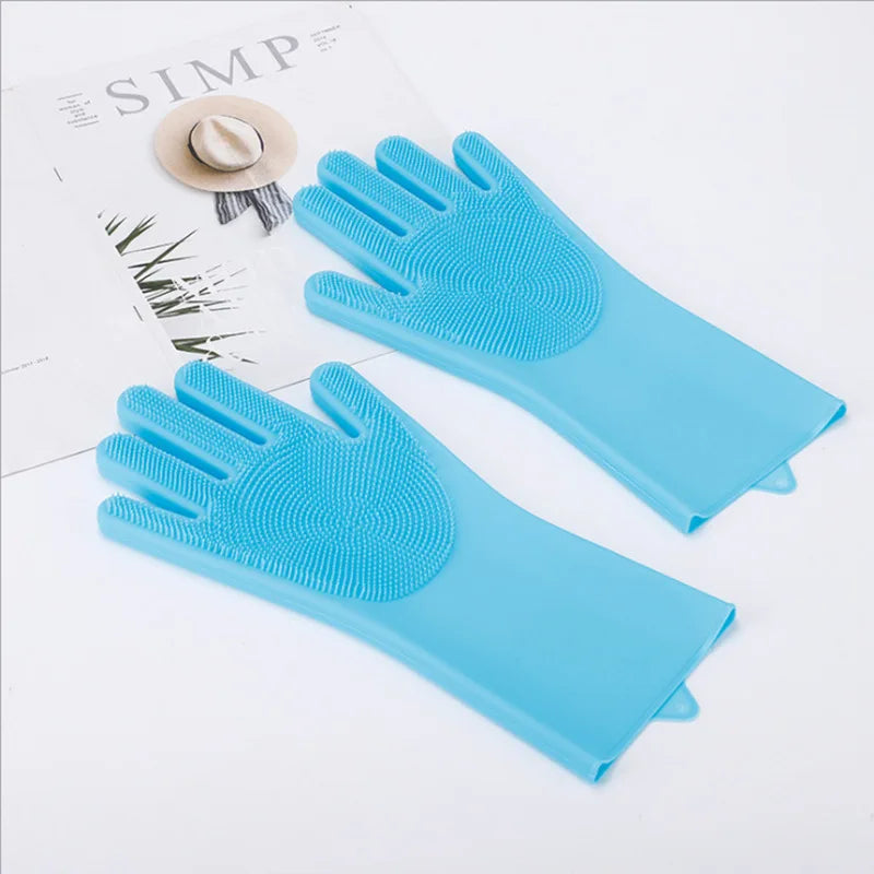 Pair of blue silicone gloves on a white surface with 'SIMPLE' text in the background.