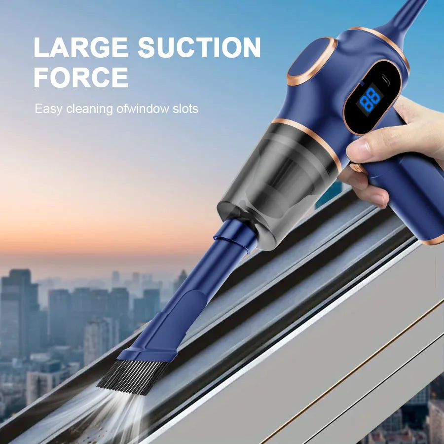 Handheld vacuum cleaning window slots with a digital display, cityscape in the background