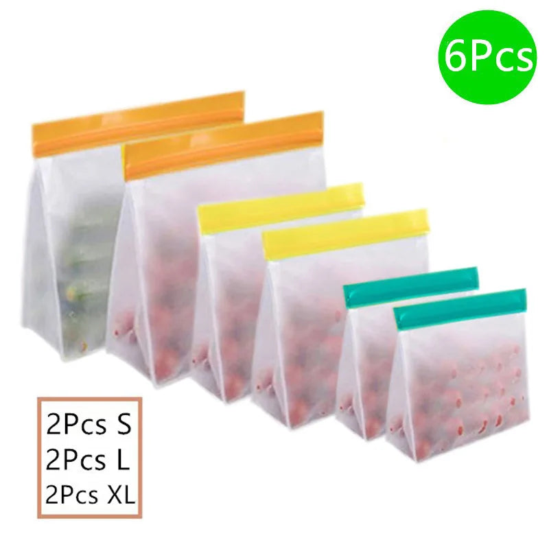 Set of six clear storage bags with colorful zippers on a white background