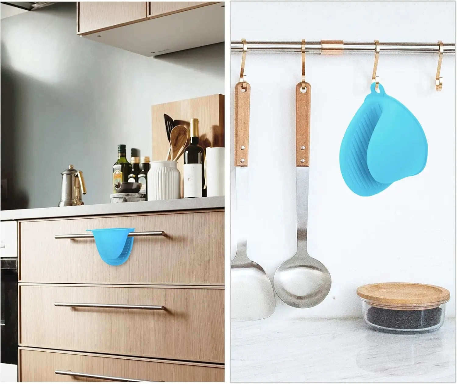 Kitchen scene with blue silicone door stoppers on cabinet handles and hanging kitchen utensils.
