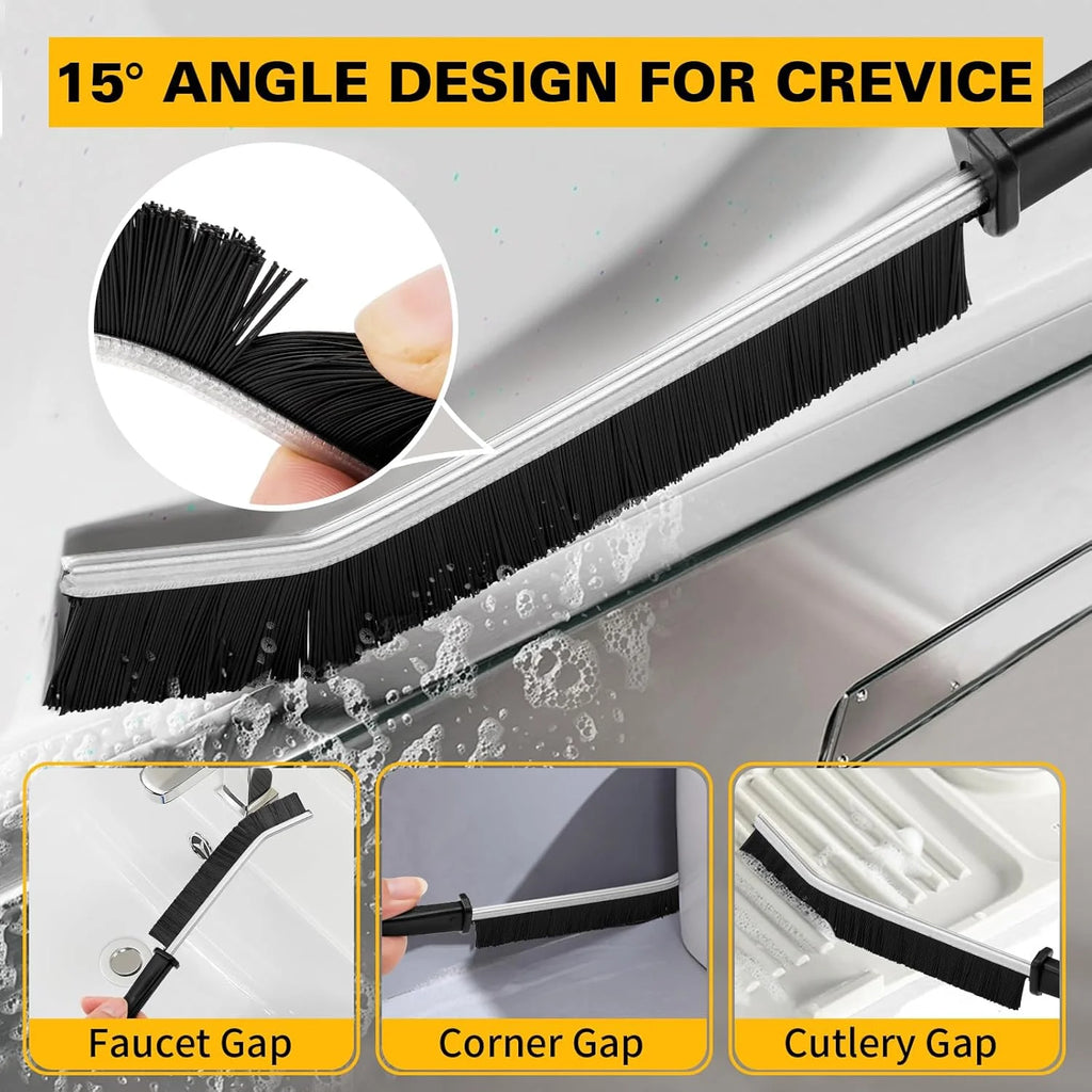 Cleaning brush with 15° angle design for crevice cleaning, shown in use on various gaps.