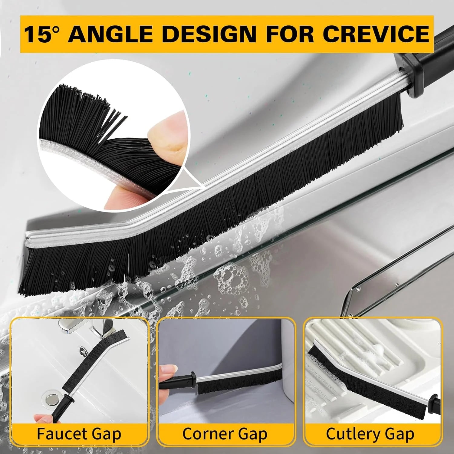 Cleaning brush with 15° angle design for crevice cleaning, shown in use on various gaps.