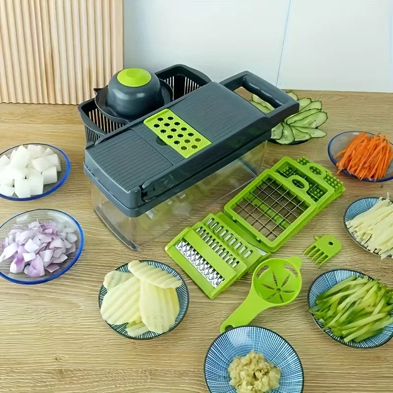 Multifunctional vegetable chopper with various attachments on a wooden table.
