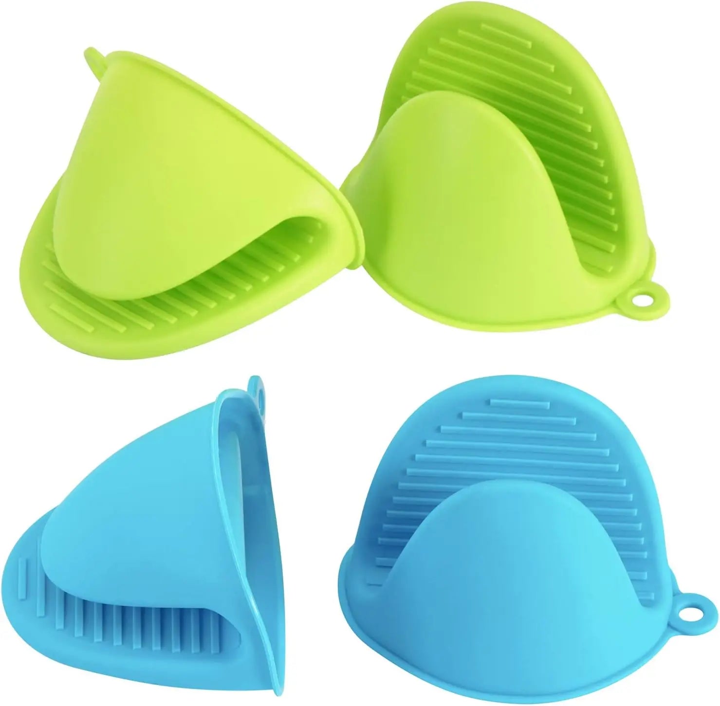 Two pairs of green and blue silicone oven mitts on a white background