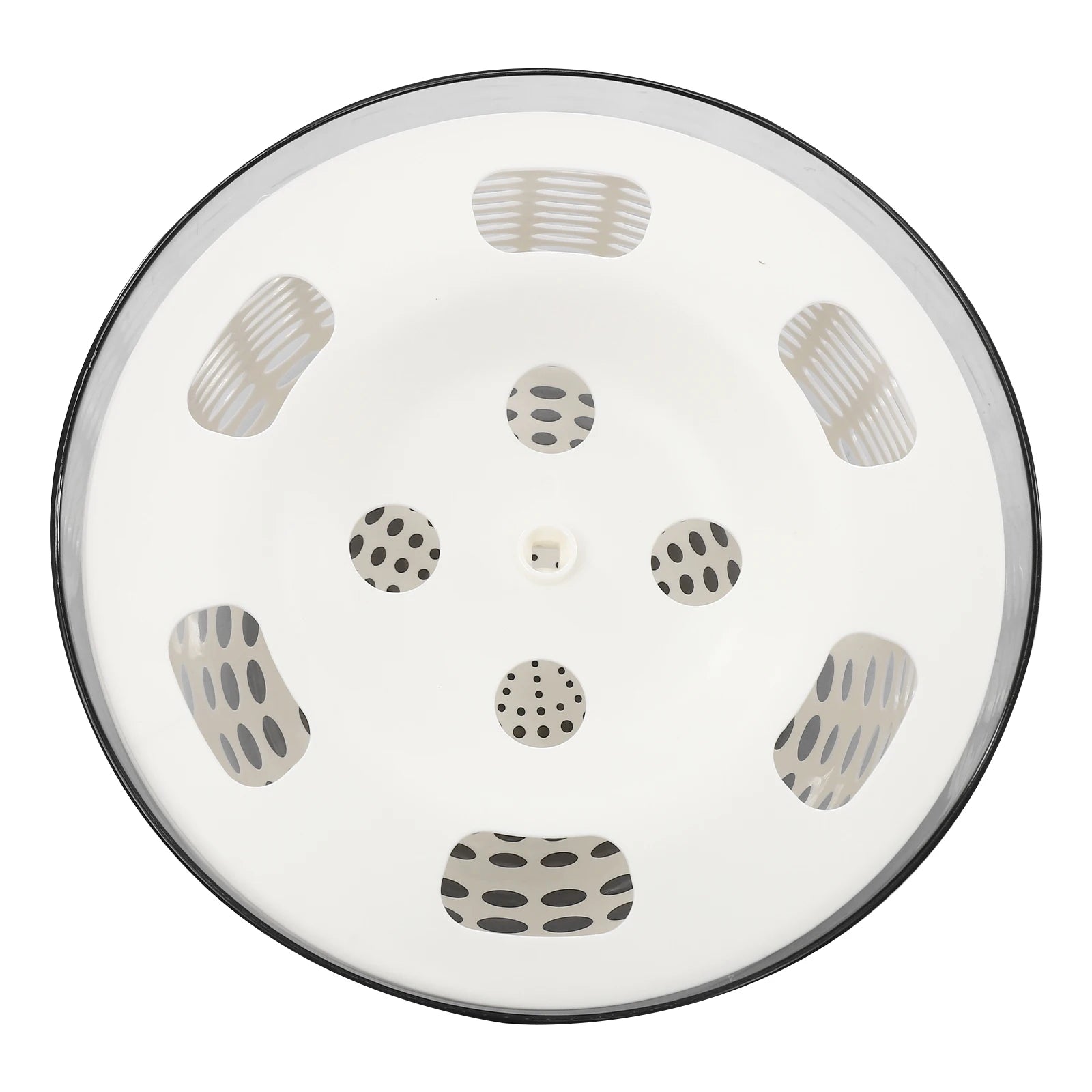 A round white ceramic sink lid with a black rim, decorated with a pattern of gray and black abstract shapes.