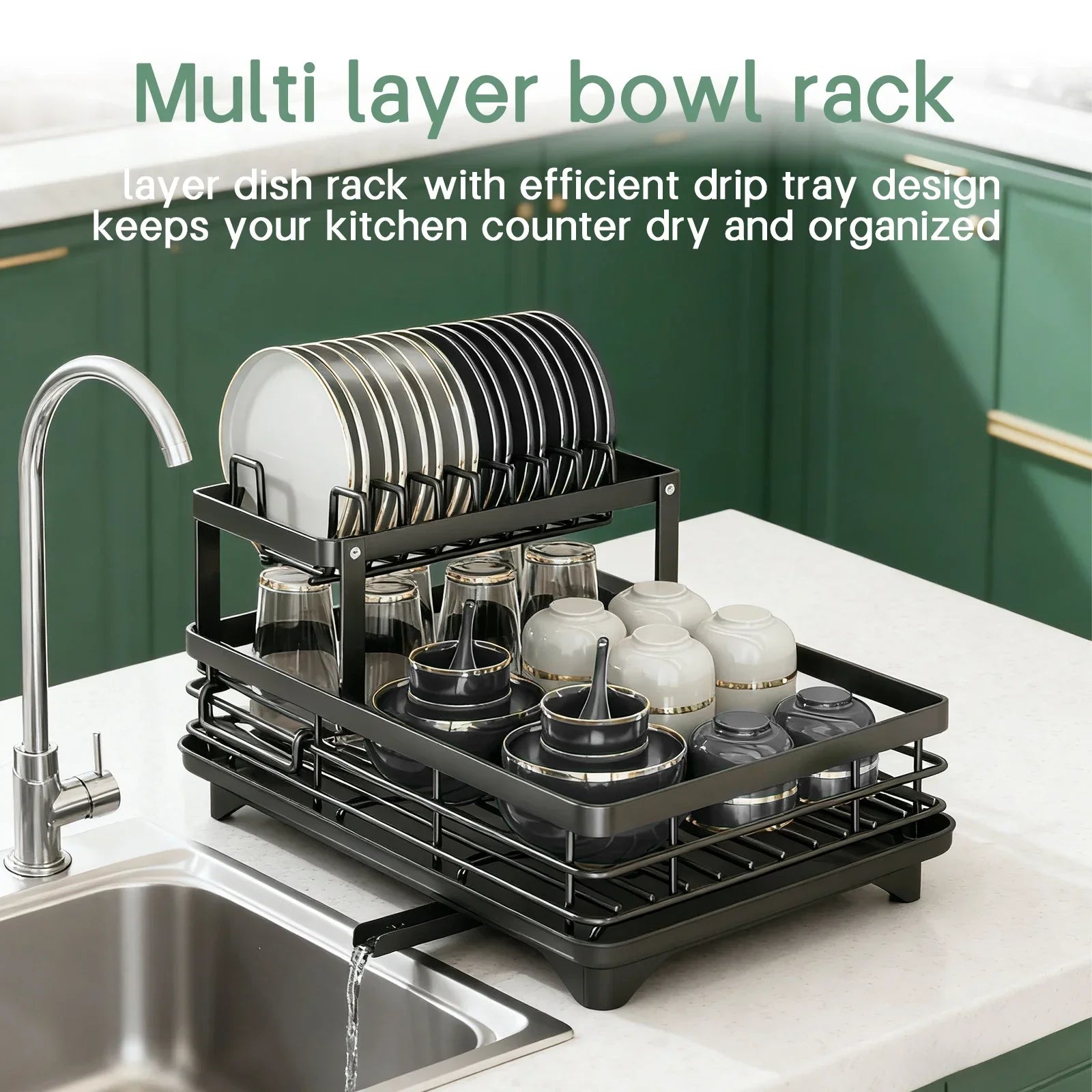 Multi-layered bowl rack with dishes on a kitchen counter, text indicating its benefits.