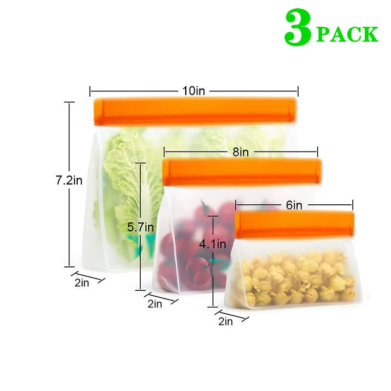 Three transparent silicone food storage bags with orange lids, showing measurements and filled with different items.