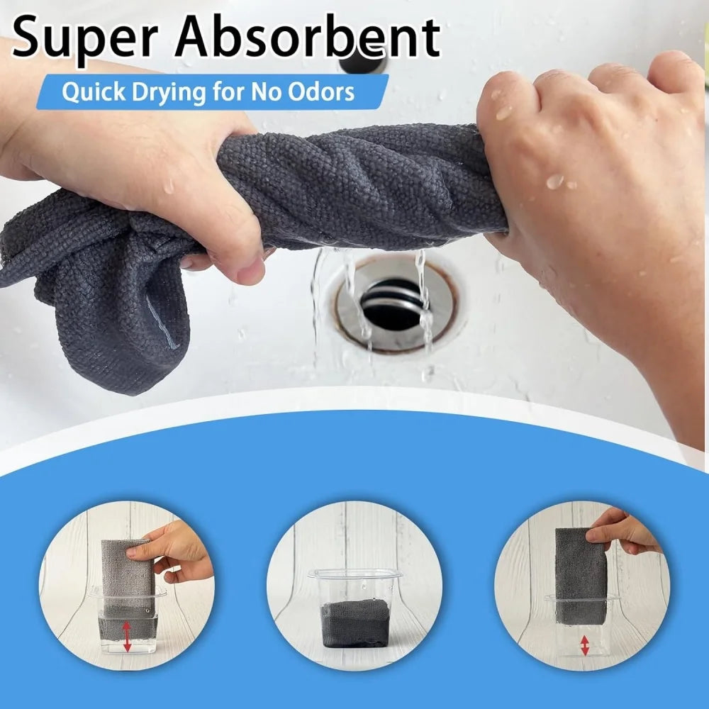 Person using a super absorbent towel over a sink drain with text highlighting features.
