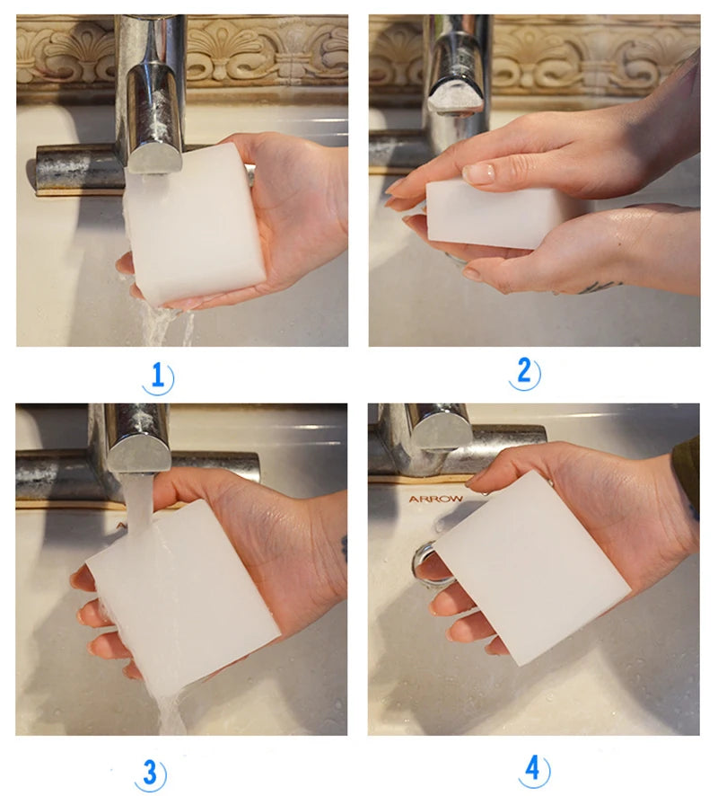 Step-by-step process of washing a white mug with soap and water.