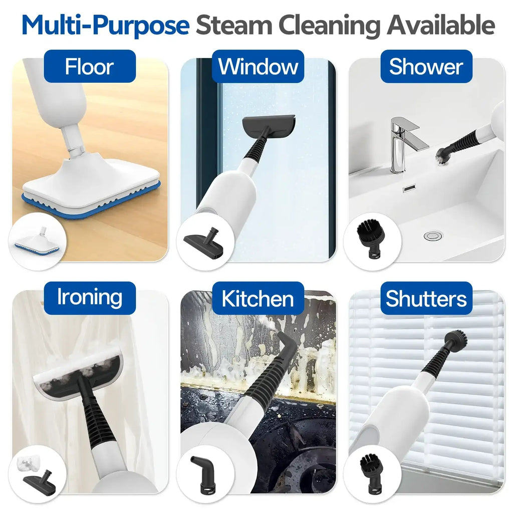 Multifunctional steam cleaner with various cleaning attachments for different surfaces.