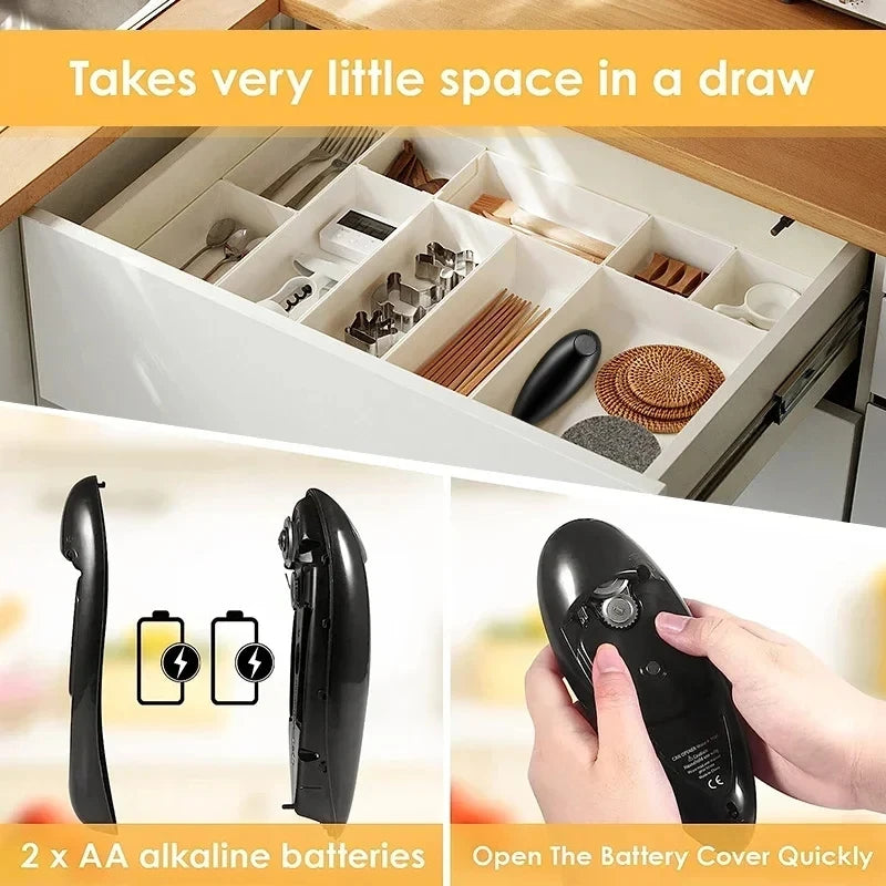 Drawer organizer insert shown installed inside an open kitchen drawer, with text noting it takes little space. Additional inset views show the black organizer pieces, battery icons, and hands opening the battery cover with the text '2 x AA alkaline batteries' and 'Open The Battery Cover Quickly'.