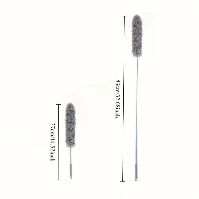Two feather duster brushes with measurements on a white background
