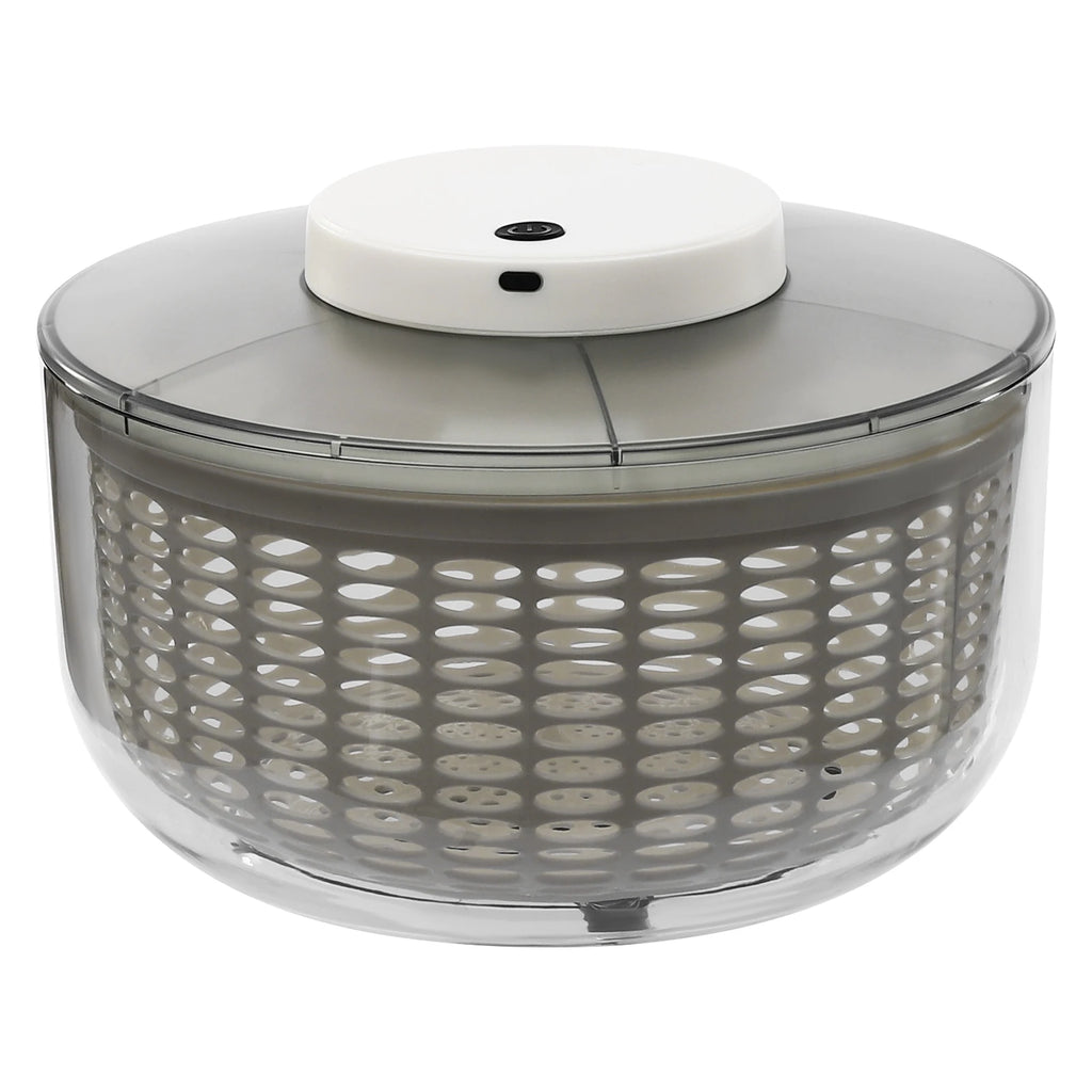 A salad spinner with a clear plastic basket, gray inner lid, and a white top button, shown on a solid white background.