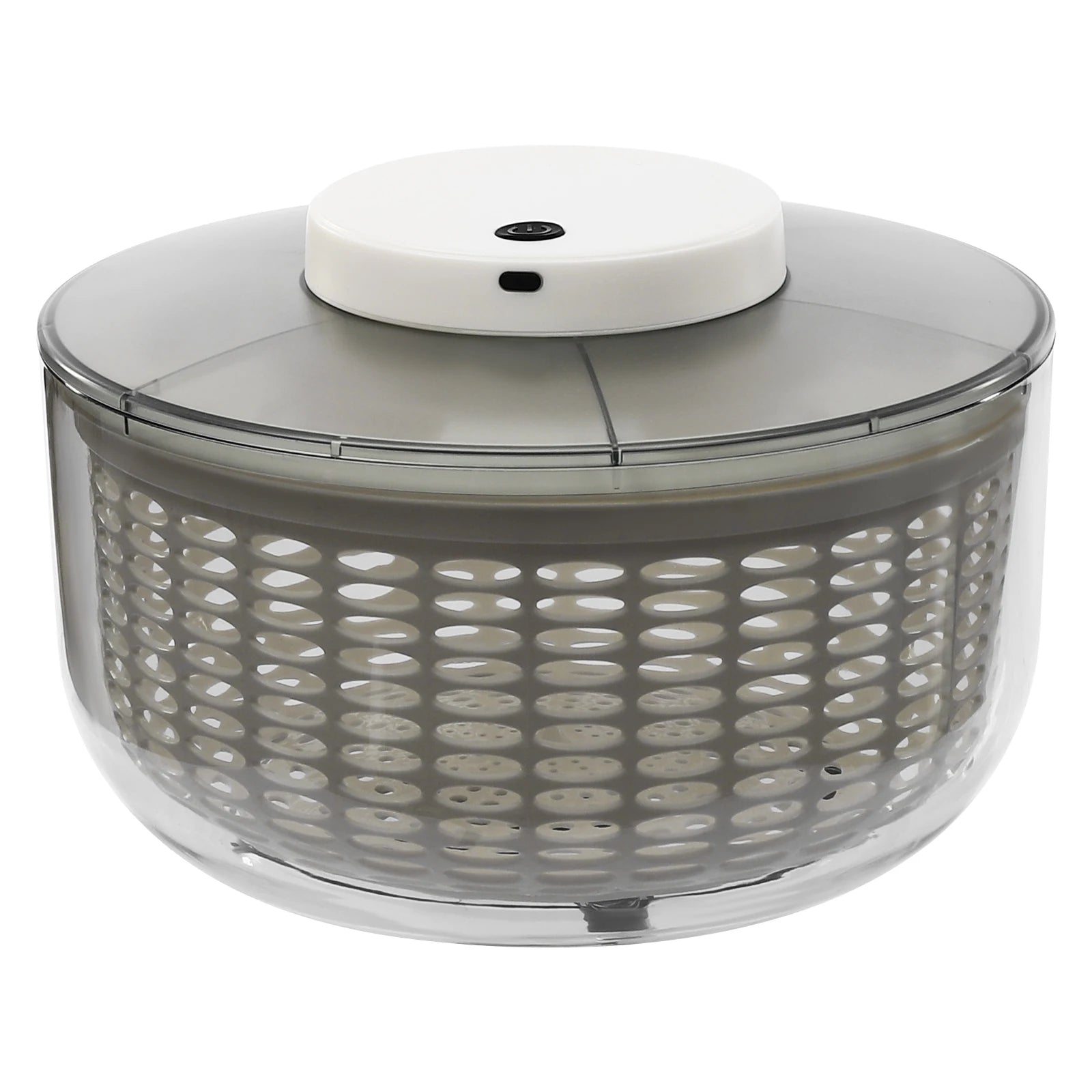 A salad spinner with a clear plastic basket, gray inner lid, and a white top button, shown on a solid white background.